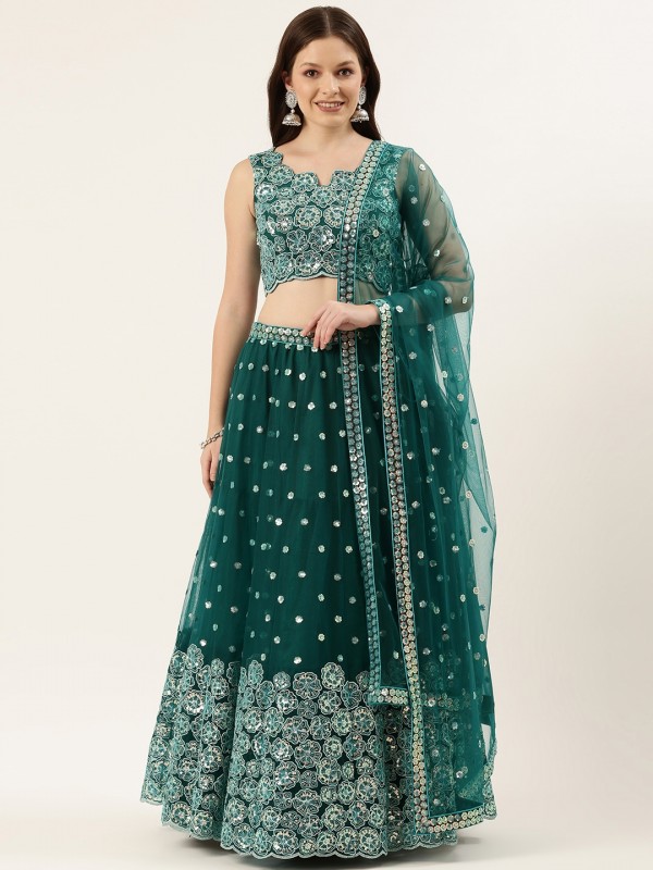Soft Premium Net Party Wear Wear Lehenga In Teal Color With Embroidery Work 