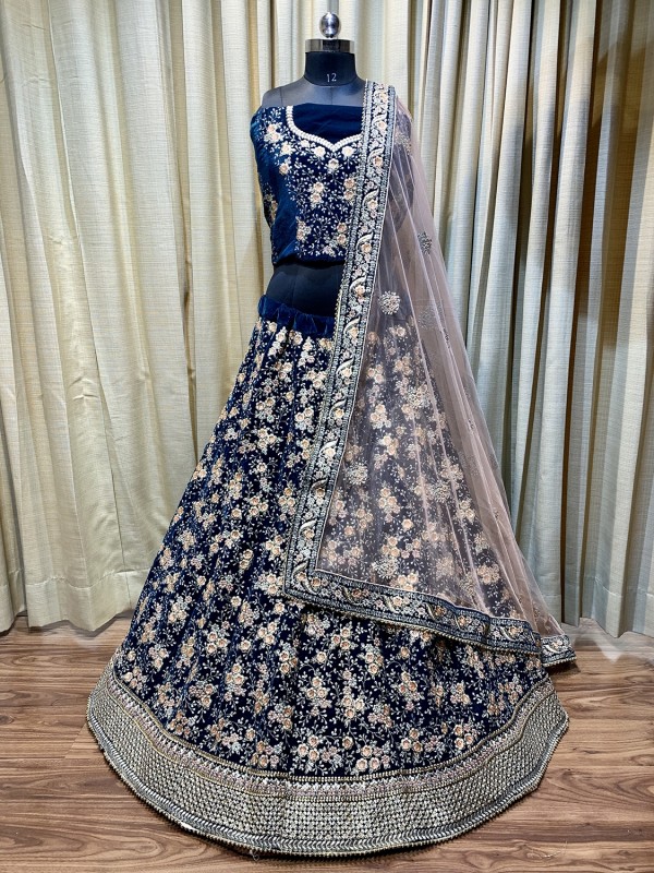 Pure Micro Velvet Wedding Lehenga in Green color With Embroidery & Crystals Stone Work