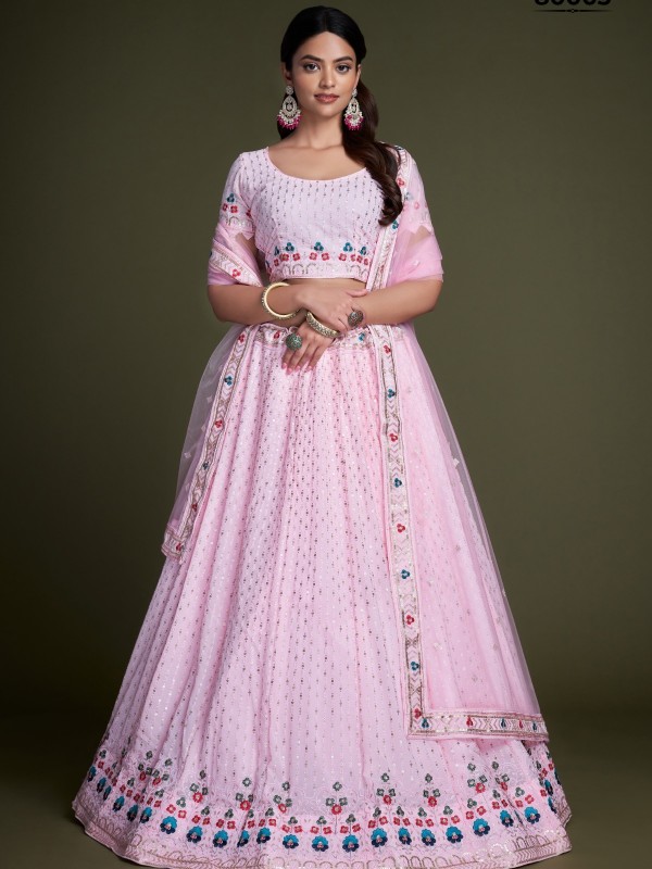Soft Georgette Party Wear Lehenga In Pink Color  With Embroidery Work