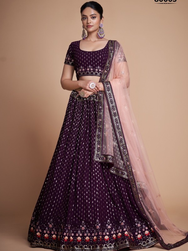 Soft Georgette Party Wear Lehenga In Wine Color  With Embroidery Work