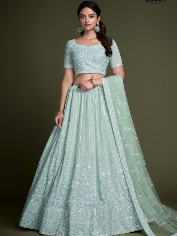 Soft Georgette Party Wear Lehenga In Turquoise Color  With Embroidery Work