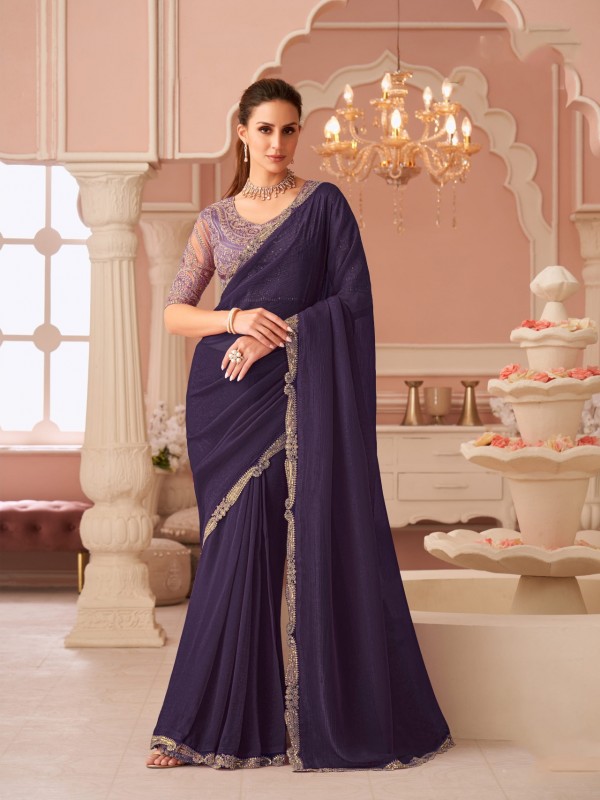 Georgette silk Party wear Saree Purple Color With Embroidery Work