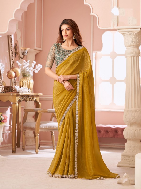Georgette silk Party wear Saree yELLOW Color With Embroidery Work