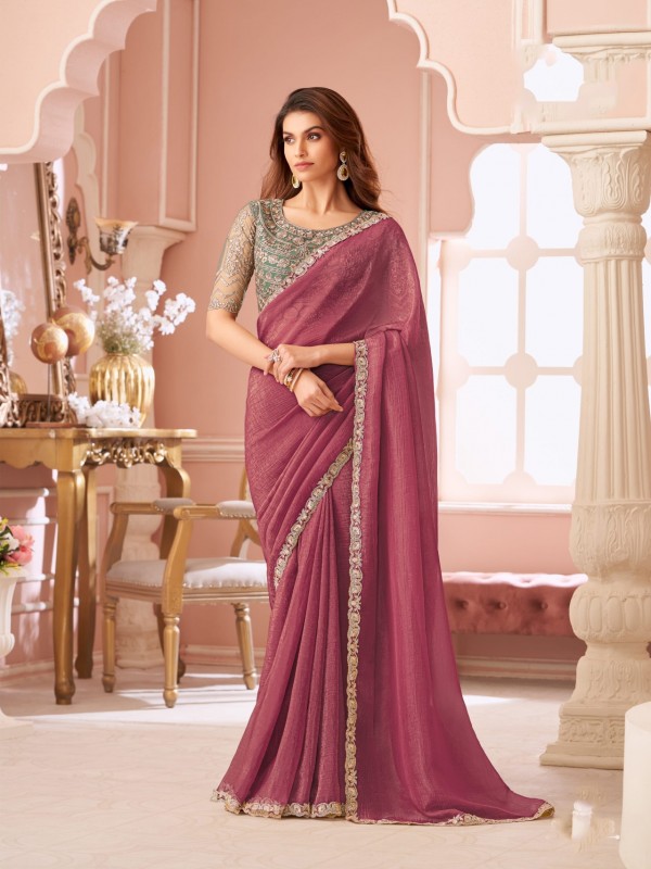 Georgette silk Party wear Saree Pink Color With Embroidery Work