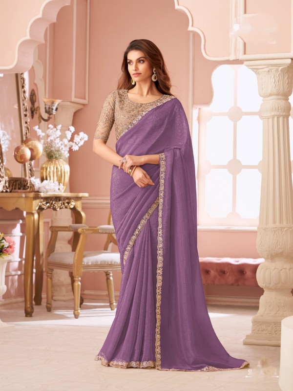 Georgette silk Party wear Saree Lovender Color With Embroidery Work