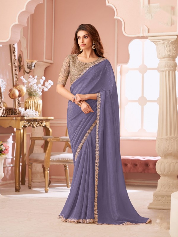 Georgette silk Party wear Saree Lavender Color With Embroidery Work