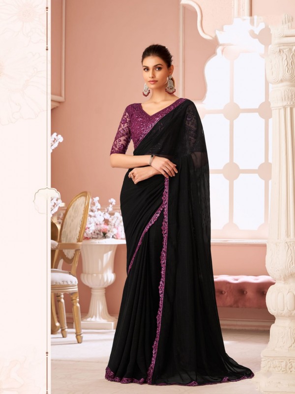 Georgette silk Party wear Saree Black Color With Embroidery Work