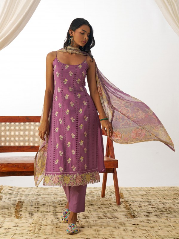 Pure Organza Silk Party Wear Suit Purple Color with Embroidery work
