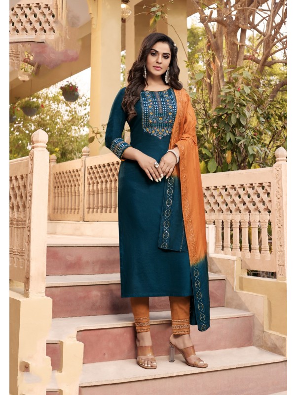 Pure Rayon Viscose Casual Wear Blue Color With Embroidery Work