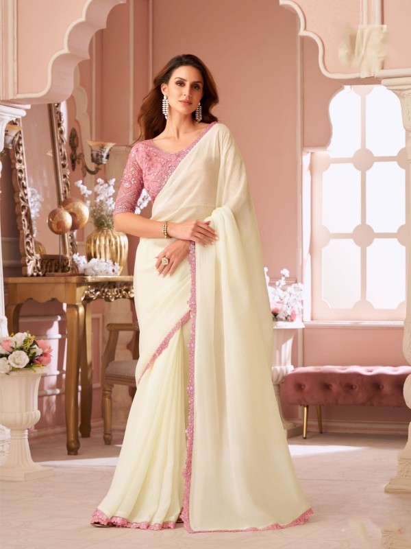 Georgette silk Party wear Saree Off White Color With Embroidery Work