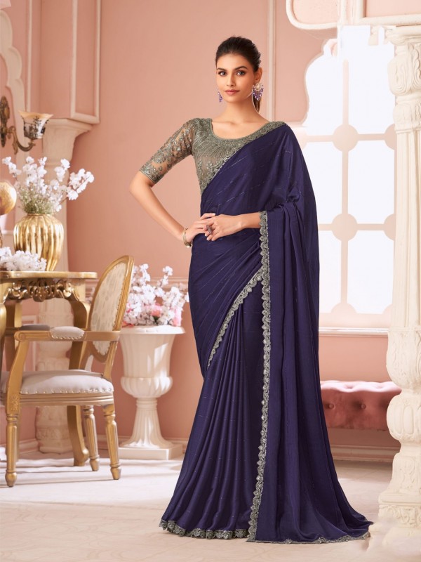 Satin silk Party wear Saree Purple Color With Embroidery Work