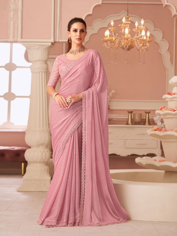 Georgette Party wear Saree Pink Color With Embroidery Work