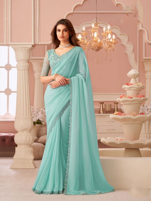 Georgette silk Party wear Saree Sea Blue Color With Embroidery Work