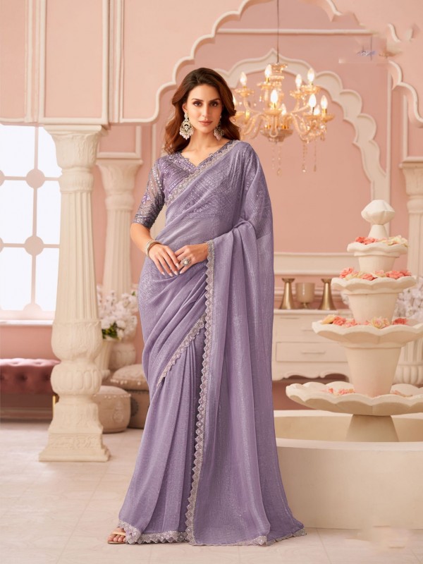 Georgette silk Party wear Saree Light Purple Color With Embroidery Work