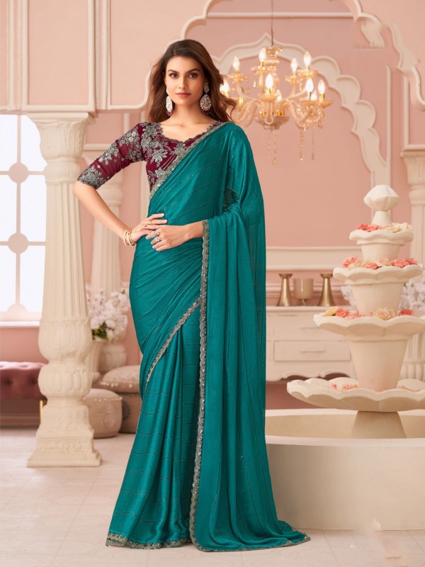 Satin silk Party wear Saree In Teal Green Color With Embroidery Work