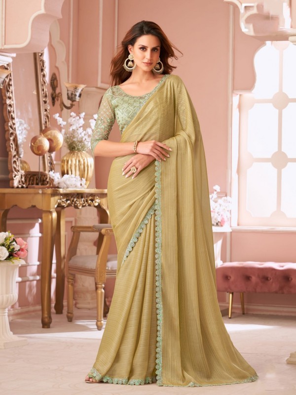 Georgette silk Party wear Saree Yellow Color With Embroidery Work