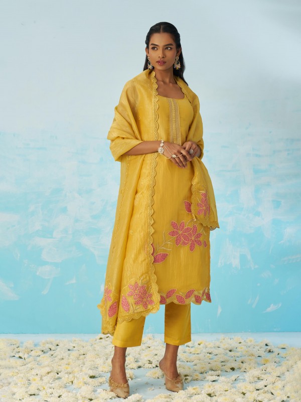 Fancy Crush Silk Party Wear Suit Yellow Color with Embroidery work
