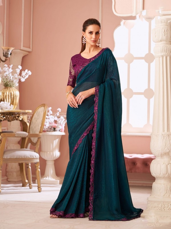 Georgette silk Party wear Saree Teal Color With Embroidery Work