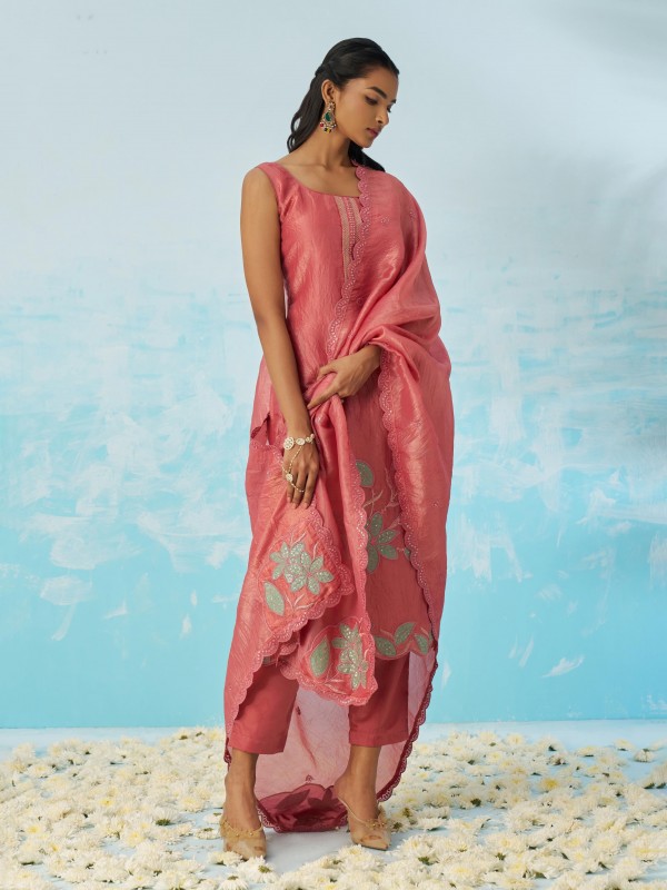 Fancy Crush Silk Party Wear Suit Pink Color with Embroidery work