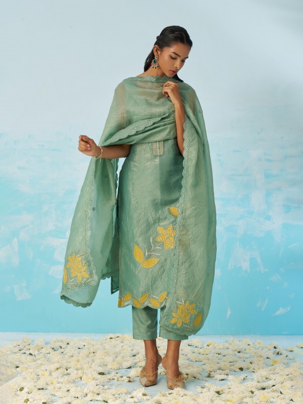 Fancy Crush Silk Party Wear Suit Green Color with Embroidery work