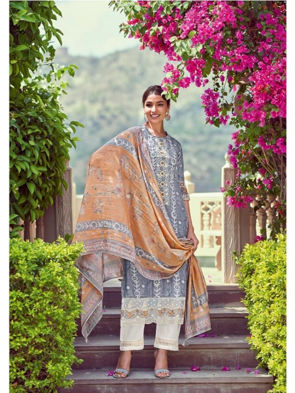Moga Silk Party Wear  Suit  in Grey Color with  Embroidery Work