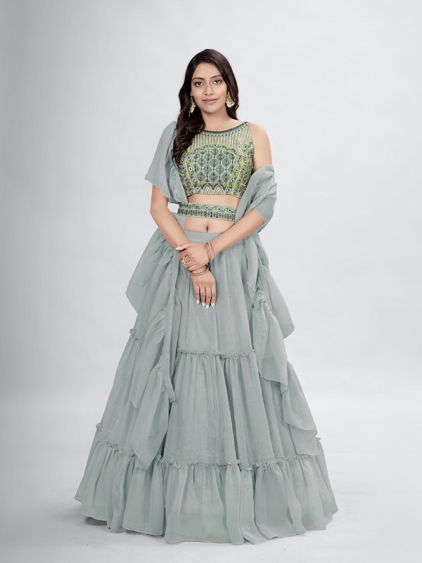 Art Silk  Party  Wear Lehenga In Grey Color With Embroidery Work 