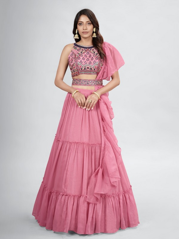 Art Silk  Party  Wear Lehenga In Pink Color With Embroidery Work 