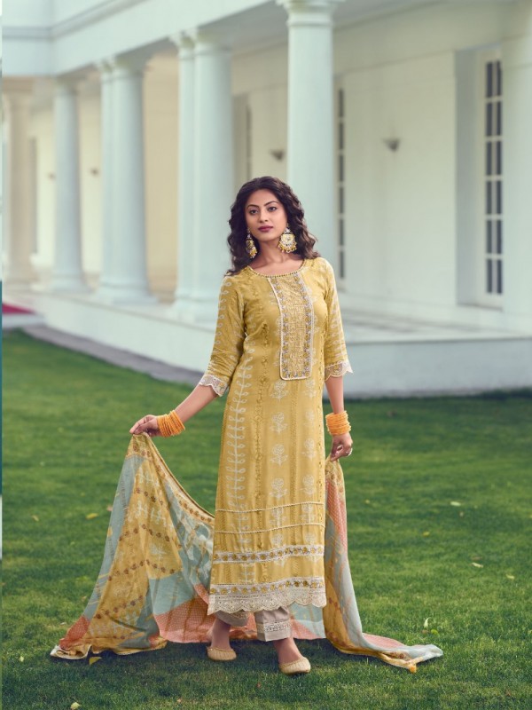 Moga Silk Party Wear  Suit  in Yellow Color with  Embroidery Work