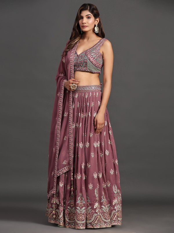 Georgette  Fabrics Party Wear Lehenga in Mauve Color With Embroidery Work 