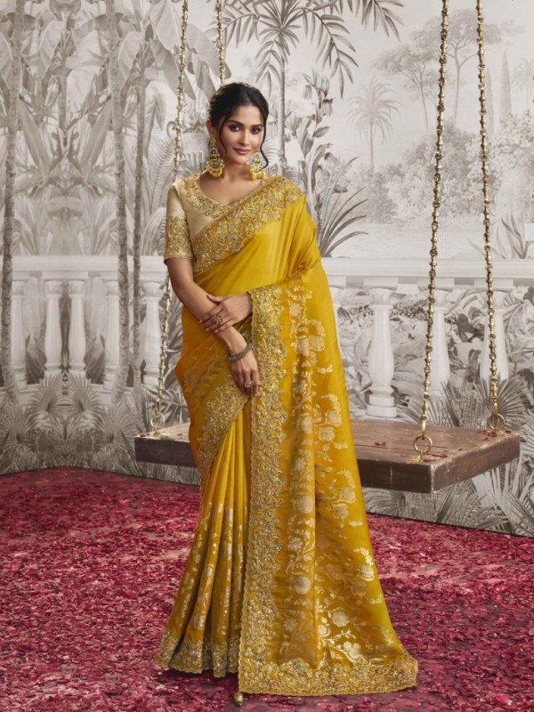 Soft Silk Wedding wear Saree Yellow Color With Embroidery Work