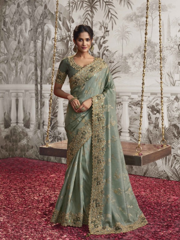 Soft Silk Wedding wear Saree Pastel Green Color With Embroidery Work