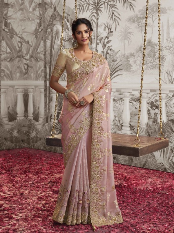 Soft Silk Wedding wear Saree Light Pink Color With Embroidery Work