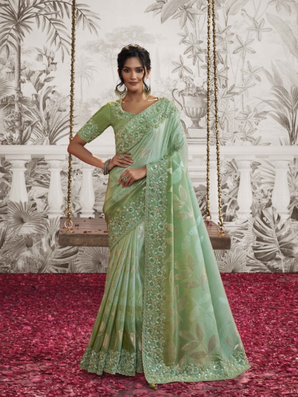 Soft Silk Wedding wear Saree Sea Green Color With Embroidery Work