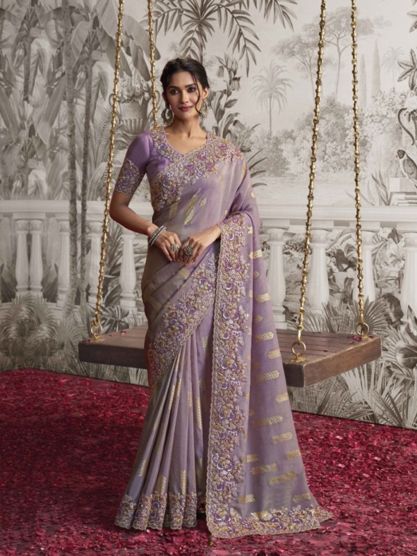 Soft Silk Wedding wear Saree Light Purple Color With Embroidery Work