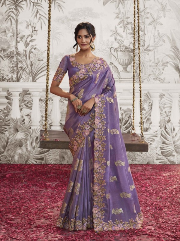 Soft Silk Wedding wear Saree Lavender Color With Embroidery Work