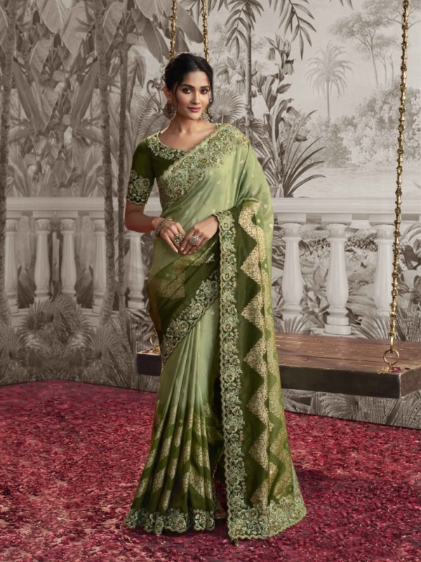 Soft Silk Wedding wear Saree Green Color With Embroidery Work