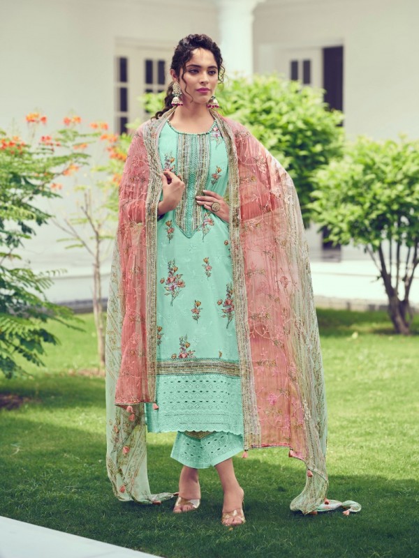 Cotton  Party Wear  Suit  in Turquoise Color with  Embroidery Work