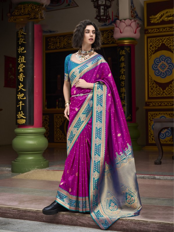 Soft Silk Party wear Saree In Rani Pink Color with Zari Weaving 