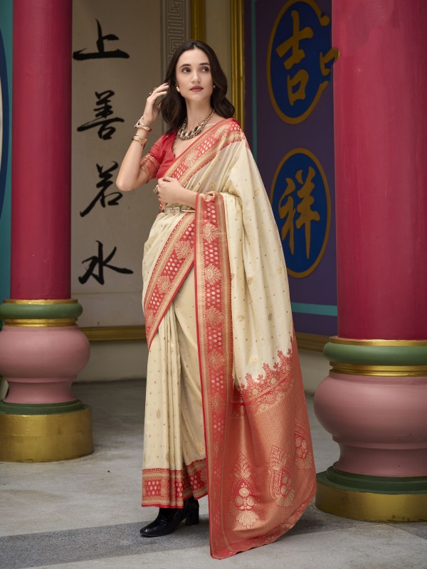 Soft Silk Party wear Saree In Cream Color with Zari Weaving 
