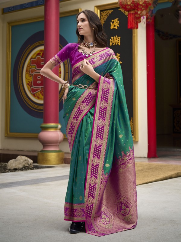 Soft Silk Party wear Saree In Green Color with Zari Weaving 