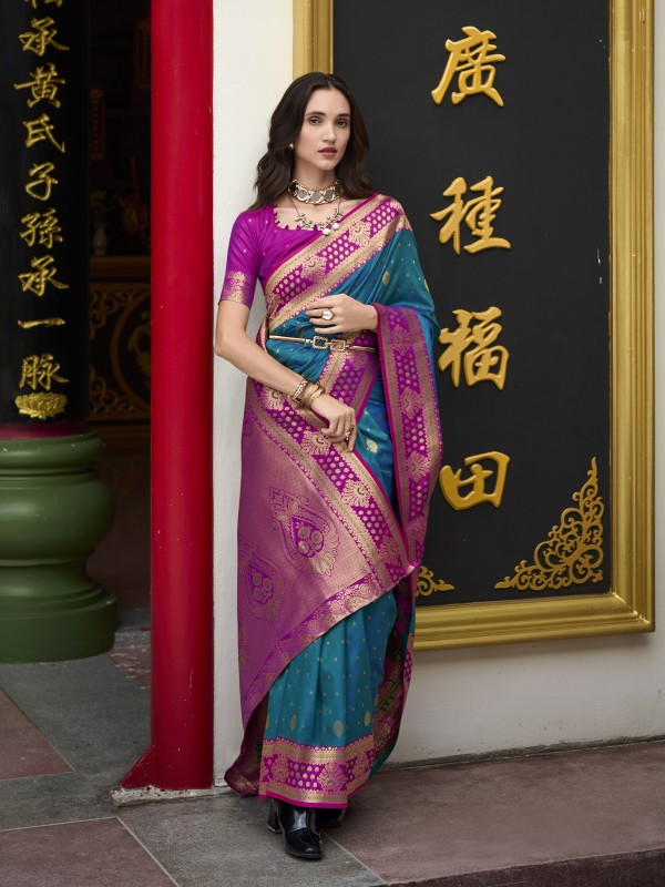 Soft Silk Party wear Saree In Teal Blue Color with Zari Weaving 