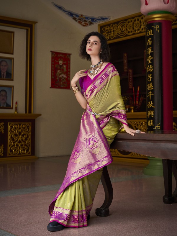 Soft Silk Party wear Saree In Yellow Color with Zari Weaving 