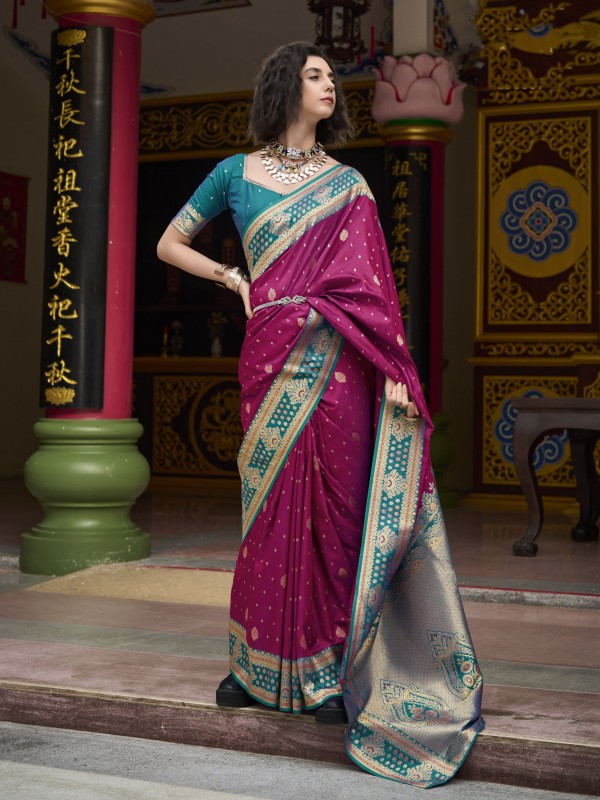 Soft Silk Party wear Saree In Rani Pink Color with Zari Weaving 