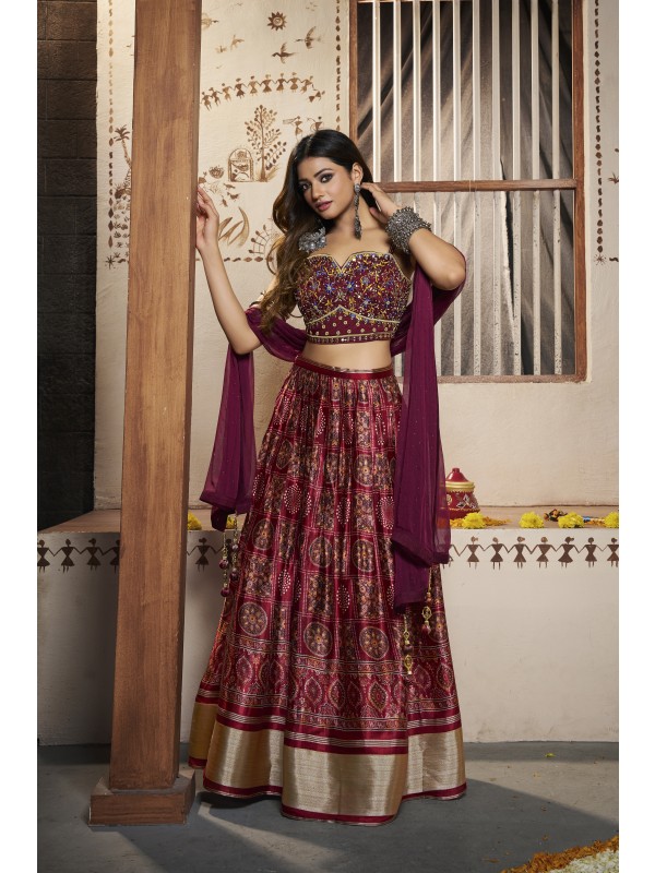  Silk Party Wear Lehenga In Maroon Color  With Embroidery Work
