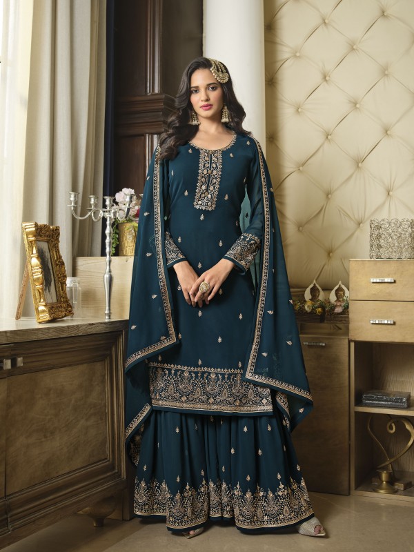 Pure Georgette Party Wear Sharara In Teal Blue With Embroidery Work 