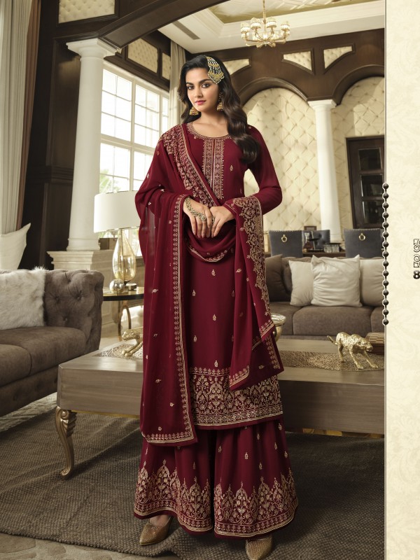 Pure Georgette Party Wear Sharara In Maroon With Embroidery Work 