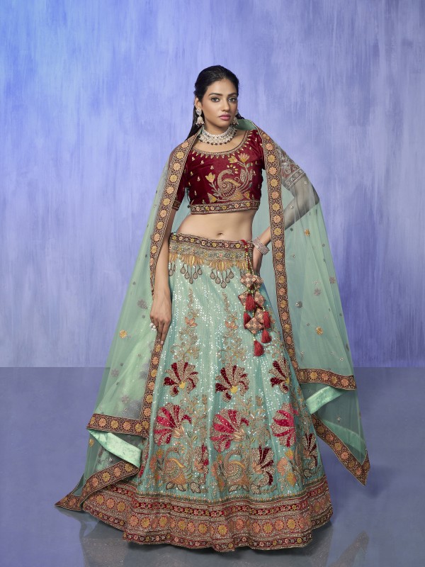 Pure Micro Velvet Party Wear Lehenga In Turquoise  Color  With Embroidery Work
