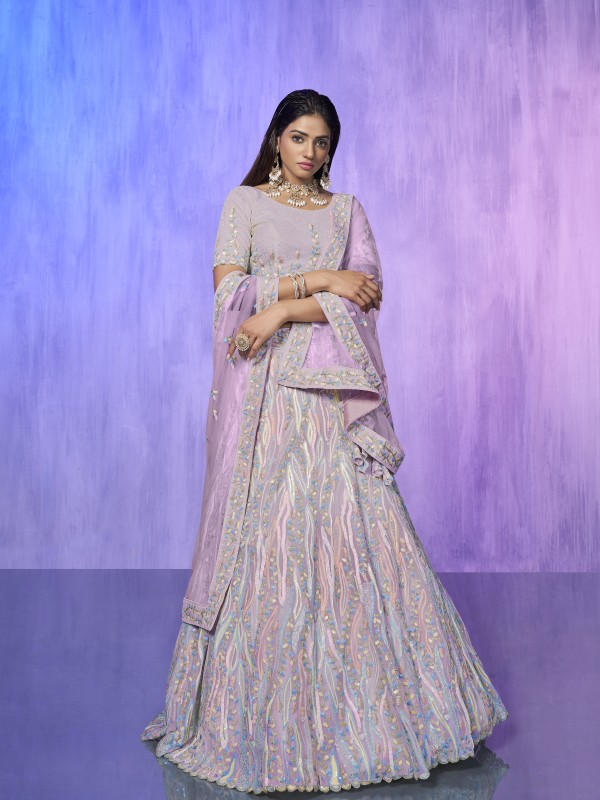 Organza Party Wear Lehenga In Purple Color  With Embroidery Work