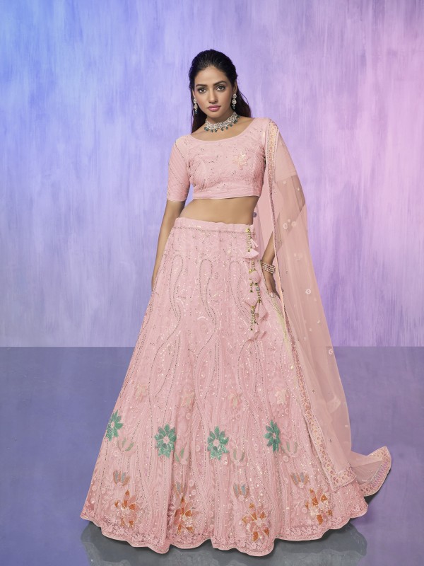 Soft Premium Net Party Wear Lehenga In Pink Color  With Embroidery Work