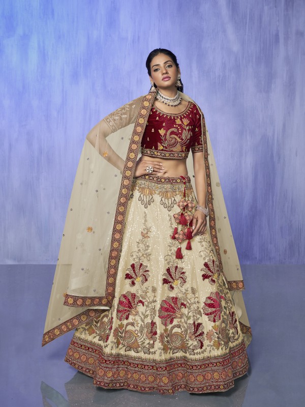 Pure Micro Velvet Party Wear Lehenga In Cream Color  With Embroidery Work